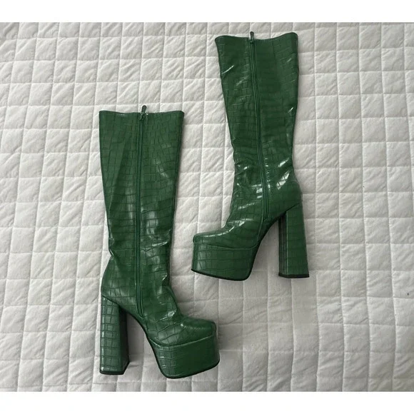 JINGPIN Womens Platform Boots 36 Green Faux Crocodile High Block Heel US 6 Glam - Picture 2 of 16